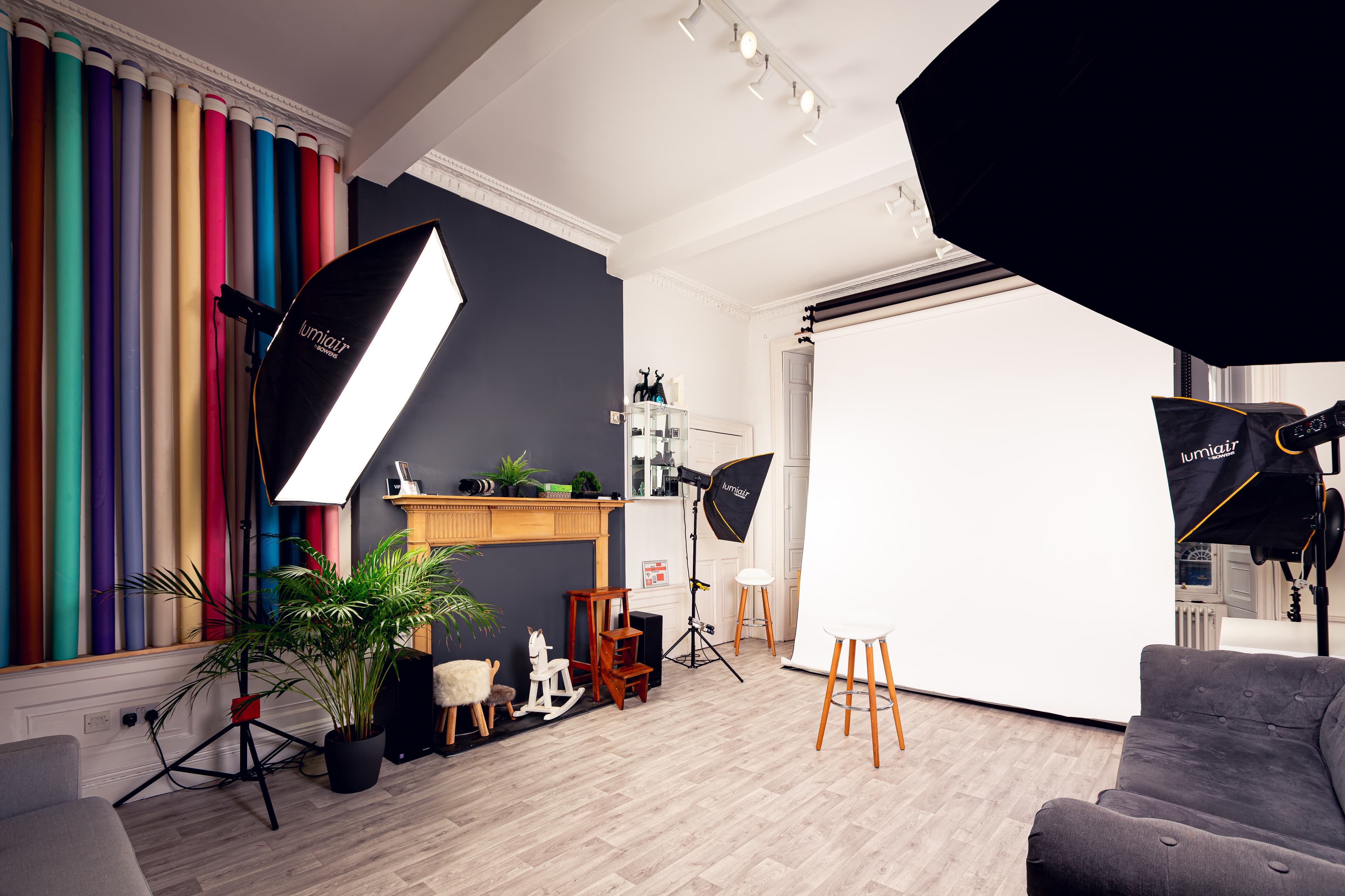 Fotkaplus Photography Studio interior — professional lighting rigs, coloured backdrop rolls, Edinburgh city centre