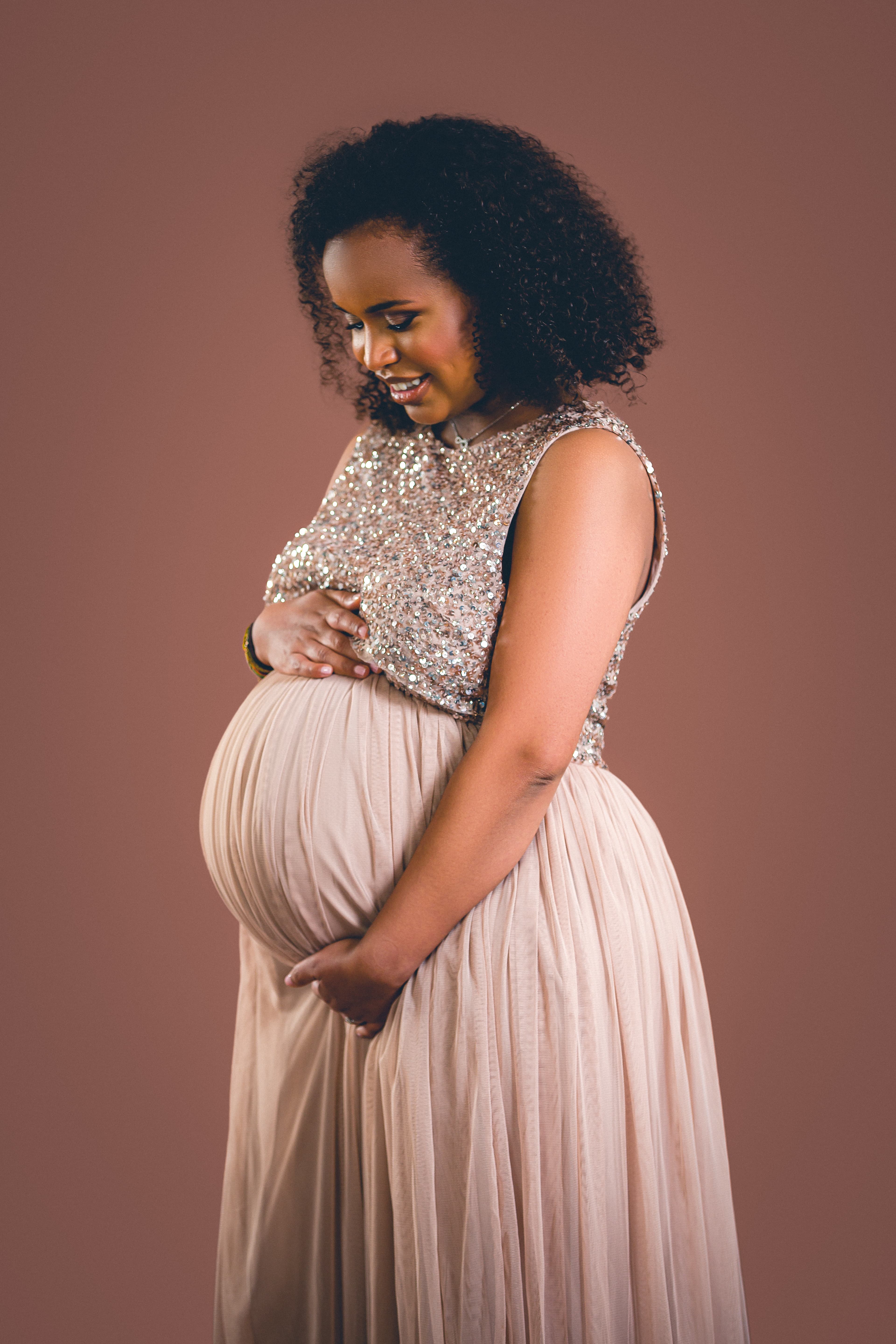 Elegant maternity portrait in sequin gown at Fotkaplus Edinburgh studio